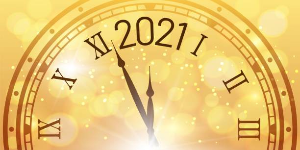 istock Shiny New Year poster. 2021 celebration, clock countdown with golden bokeh elements. Design for xmas holiday 1267699327