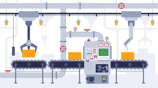 Vector illustration of Conveyor. Industrial conveyor belt, manufacturing equipment, product transportation process, efficient automation production vector concept