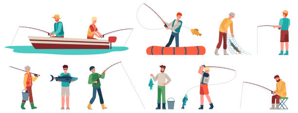 Fisherman. Fisher in boat with spinning, sportsman with fishing accessory and fish, catching fish sport and hobby, vector characters set Fisherman. Fisher in boat with spinning, sportsman with fishing accessory and fish, catching fish sport and hobby, vector characters set. Men holding fish in net, bucket with water cartoon fishing hook stock illustrations