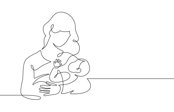 Vector illustration of Mother and baby line. Mom hugs child. Motherhood and newborn concept. Happy woman holds toddler continuous one line vector illustration