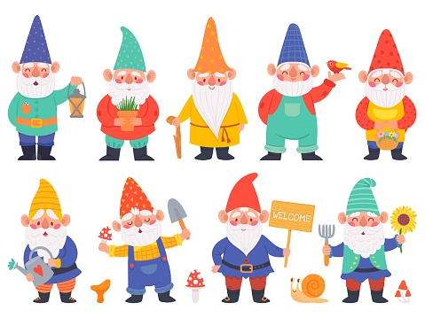 Gnome characters. Cute gnomes with beard funny garden decoration, adorable dwarfs with lantern, watering can and flowers cartoon vector set. Character with shovel with mushrooms, pot with plant