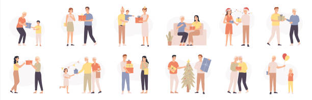 People with gifts. Various characters give and receive gift, romantic surprise, happy persons celebrating holidays, cartoon vector set People with gifts. Various characters give and receive gift, romantic surprise, happy persons celebrating holidays, cartoon vector set. Birthday or christmas box, man and woman have important events birthday family stock illustrations