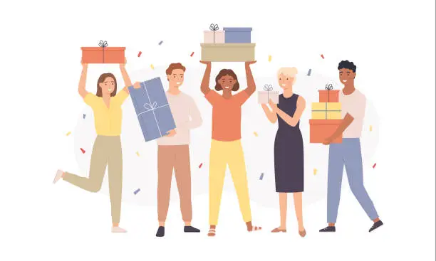 Vector illustration of Happy people with gifts. Fun women and men holding gift boxes with presents, young guys congratulate friend, birthday party vector concept