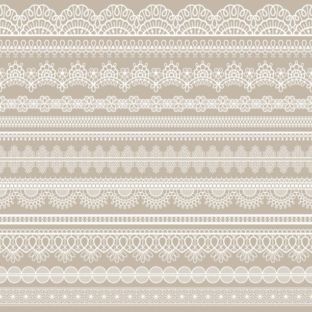 Lace seamless border. White cotton lace strips, embroidered decorative ornate eyelets pattern, horizontal textile stripe handmade vector set Lace seamless border. White cotton lace strips, embroidered decorative ornate eyelets pattern, horizontal textile stripe handmade vector set. Romantic style tracery for doily or scrapbook eyelet stock illustrations