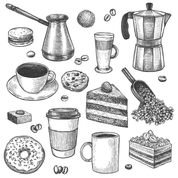 kahve ve tatlılar. skeç kahve demliği ve yapıcı. bardaklar, kek ve kurabiyeler, kekler, çörek. hamur işleri, tatlı kahvaltı vintage vektör seti - pasta illüstrasyonlar stock illustrations