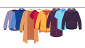istock Clothes on hangers. Storage of men and women garments on hangers, apparel hanging on rack, wardrobe inner space flat vector concept 1267699429
