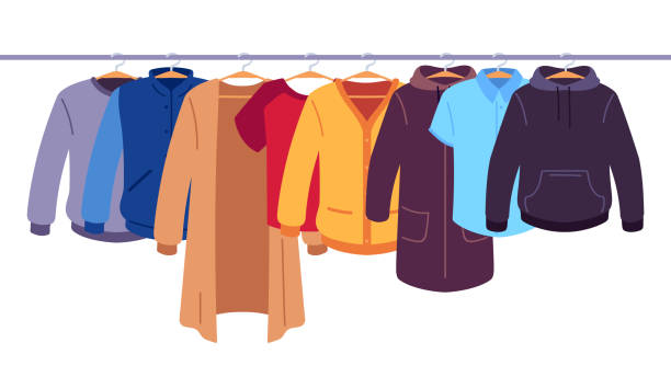 Clothes on hangers. Storage of men and women garments on hangers, apparel hanging on rack, wardrobe inner space flat vector concept Clothes on hangers. Storage of men and women garments on hangers, apparel hanging on rack, wardrobe inner space flat vector concept. Jacket and coat hoodie and tshirt, pullover hanging clothes hanger storage stock illustrations
