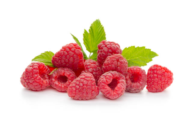 istock Ripe raspberries with leaf isolated on a white background 1267701209