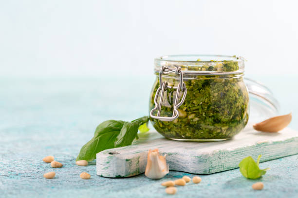istock Homemade pesto sauce with fresh basil. 1267703137
