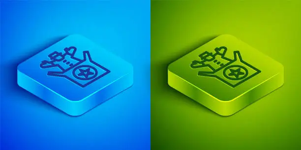 Vector illustration of Isometric line Jack in the box toy icon isolated on blue and green background. Jester out of the box. Square button. Vector