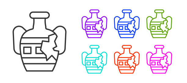 illustrations, cliparts, dessins animés et icônes de ligne noire icône antique d’amphores cassées isolée sur le fond blanc. définissez des icônes colorées. vecteur - jug pitcher pottery old