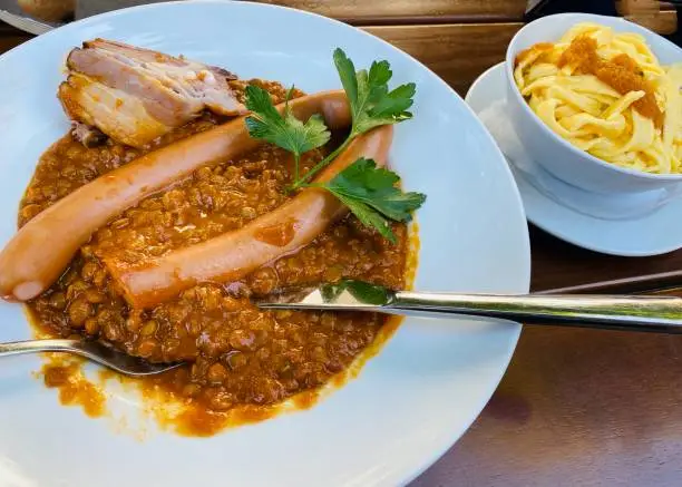 Swabian lentils, Frankfurter Würstchen, bacon and spätzle noodles