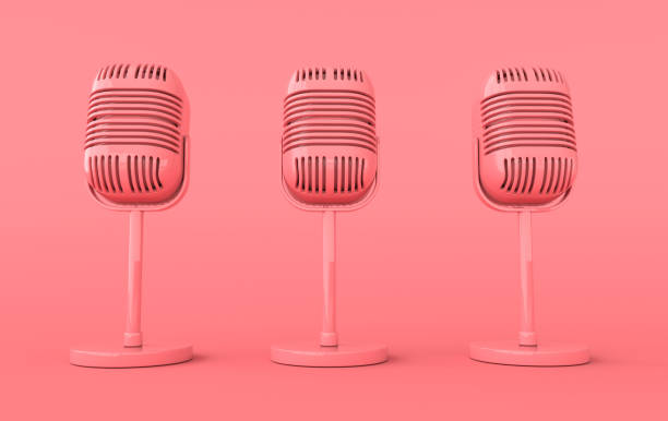 istock Retro concert or radio microphone realistic 3d render. Pink mike on pink background 1267712575