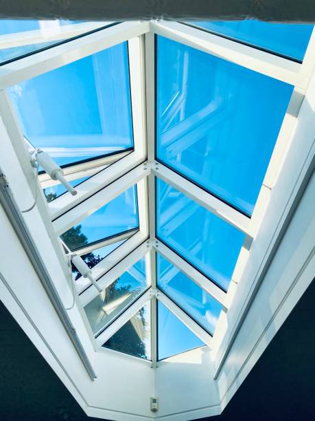 istock Tent roof window, view of blue sky 1267714311