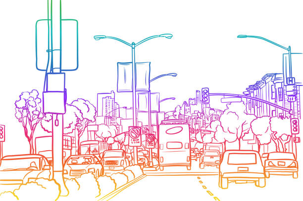 urban street normal verkehr regenbogen - autobahn stau stock-grafiken, -clipart, -cartoons und -symbole