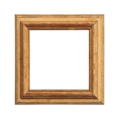 Vintage old antique brown painted square massive picture frame with cracked paint isolated on white, close up