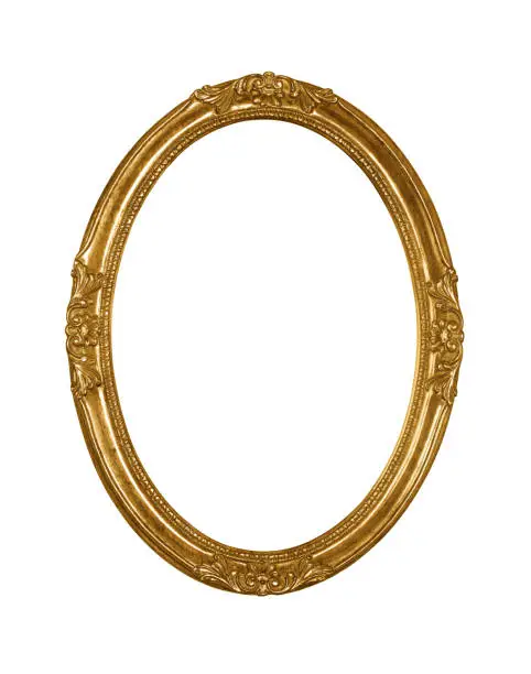 Vintage old wooden classic golden round oval frame for picture or photo, isolated on white background, close up