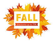 Fall sale lettering background vector illustration, cartoon flat discount offer promotion card for shopping in fall season with falling tree leaves