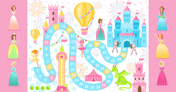 Fairy princess board game vector illustration. Cartoon flat boardgame template with path road to medieval castle, dragons, knights on way. Fun game background for family players team, girl gamers