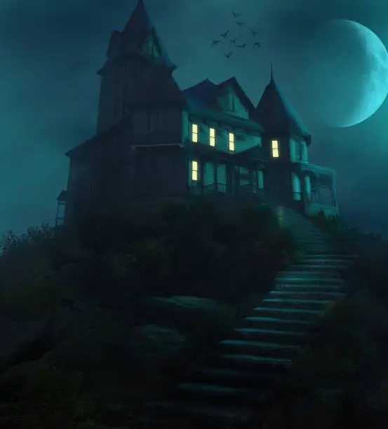Spooky Halloween haunted manor on a hill against the moon in a foggy night, 3d render.