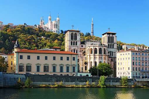 The Saint-Jean-Baptiste cathedral and the Fourvière basilica in Lyon.