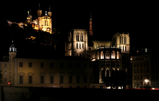 The Saint-Jean-Baptiste cathedral and the Fourvière basilica at night.