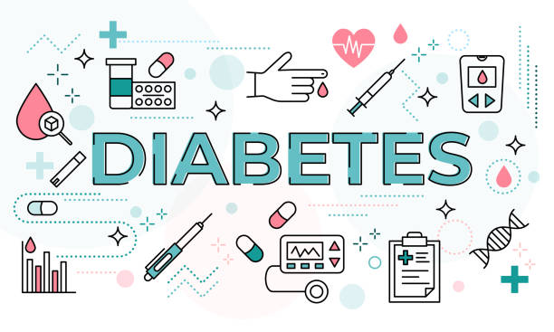 Diabetes mellitus word concept surrounded with line icons. Typography lettering design with outline signs for diabetes treatment, prevention and awareness. Landing page, banner for presentation or web Diabetes mellitus word concept surrounded with line icons. Typography lettering design with outline signs for diabetes treatment, prevention and awareness. Landing page, banner for presentation or web diabetes stock illustrations