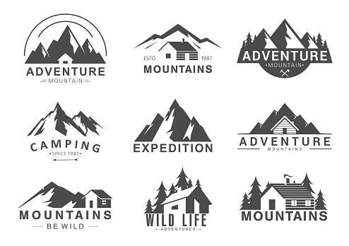 Mountain logo flat vector illustration set. Design element sign logo stamp collection of camping outdoor tourism adventure, rocky mountain peaks, life in wilderness