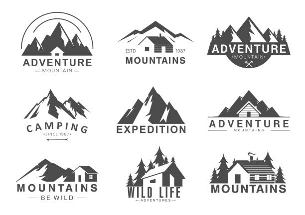 Mountain logo flat vector illustration set, design element sign logo stamp collection of outdoor tourism adventure, life in wilderness Mountain logo flat vector illustration set. Design element sign logo stamp collection of camping outdoor tourism adventure, rocky mountain peaks, life in wilderness mountain stock illustrations