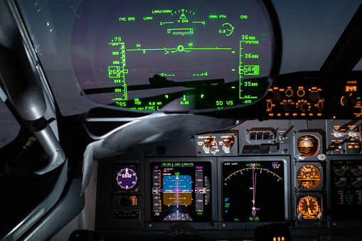 Cockpit view of a commercial aircraft cruising Control panel