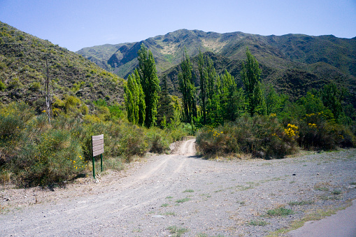 fork of two dirt and stone roads, surrounded by trees and plants, on mountain route, in deprtamento de las heras, mendoza, argentina