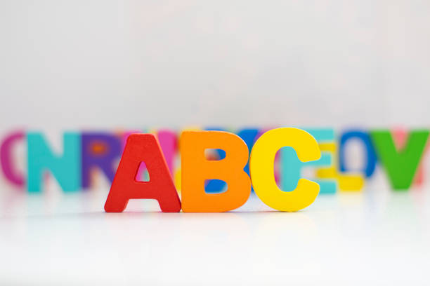 Letters Letters A in red, B in orange and C in yellow in the forefront of an image, with rest of the letters of the alphabet in background. spelling bee stock pictures, royalty-free photos & images