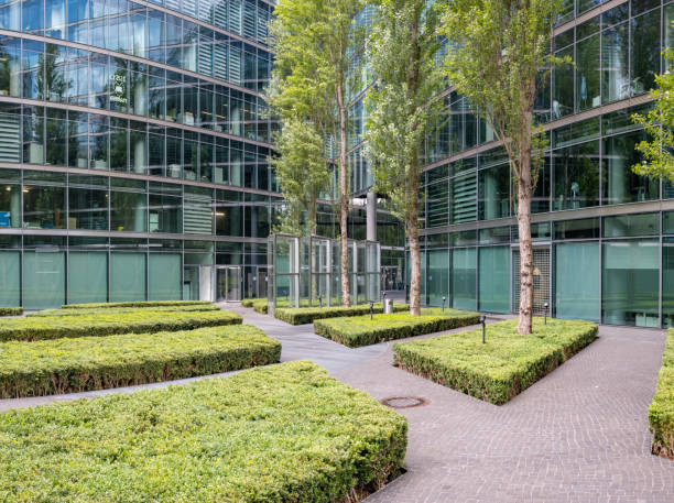 istock green courtyard between modern office buildings in Berlin. 1267732264