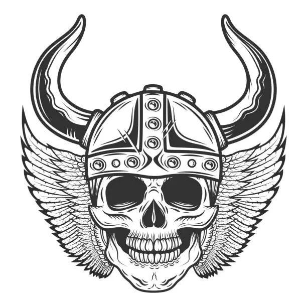 Vector illustration of Skull in the viking helmet with wings in vintage monochrome style isolated illustration