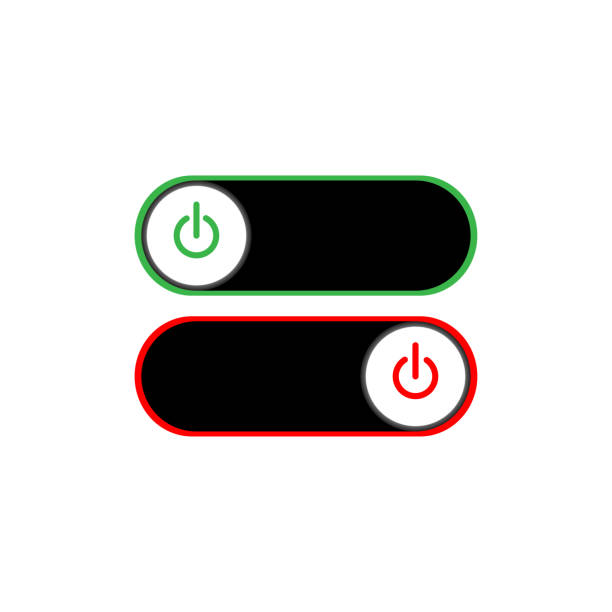 istock Set of 2 On Off slider style power buttons with grey background, The Off buttons are enclosed in red circle and the on buttons in green circle, 1267739065