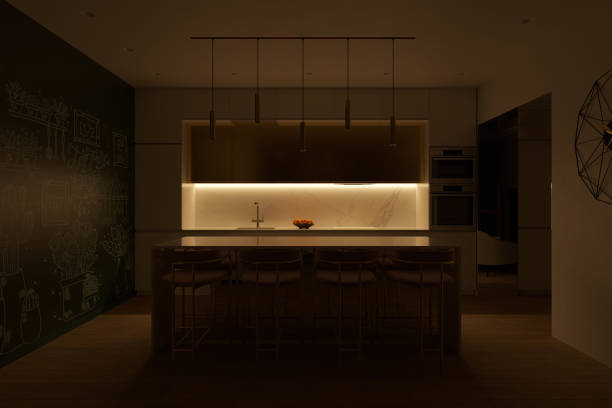 istock 3D illustration of a kitchen with lighting under worktop 1267747737