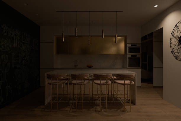 istock 3D render of a kitchen with big cooking island and night lighting 1267747789