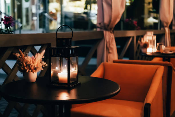 istock Night interior of street cafe. Soft focus, romantic atmosphere 1267748677