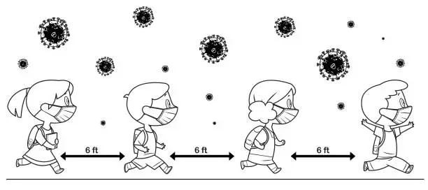 Vector illustration of Black And White, Back to school for new normal lifestyle concept. happy kids wearing face mask