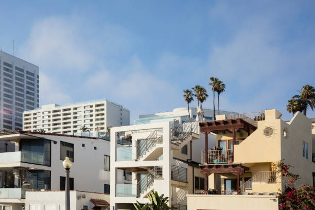 A view of Santa Monica beach houses along the coast.