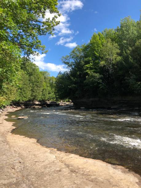 istock View of moving river with stone wall in a natural row in vertical 1267763587