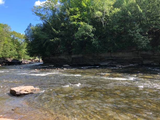 istock View of moving river with stone wall in a natural row 1267764074