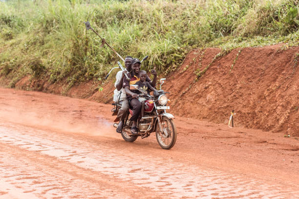 Kampala, Uganda - Aug 26, 2010: Native people carry bananas by bike in slum of Kampala. Nearly 40% of slum dwellers have a monthly income of just 2,500 shillings less than a dollar