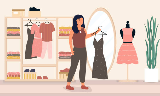 Ilustración de Mujer Probando Ropa En Una Tienda De Ropa y más Vectores  Libres de Derechos de Tienda de ropa - Tienda de ropa, Guardarropa -  Mueble, Vestimenta - iStock