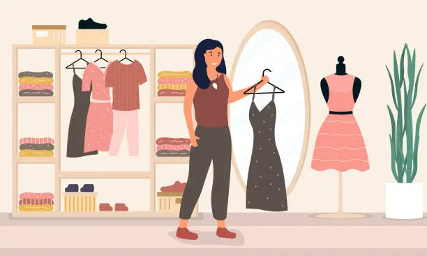 Vector illustration of Woman trying on clothes in a clothing store