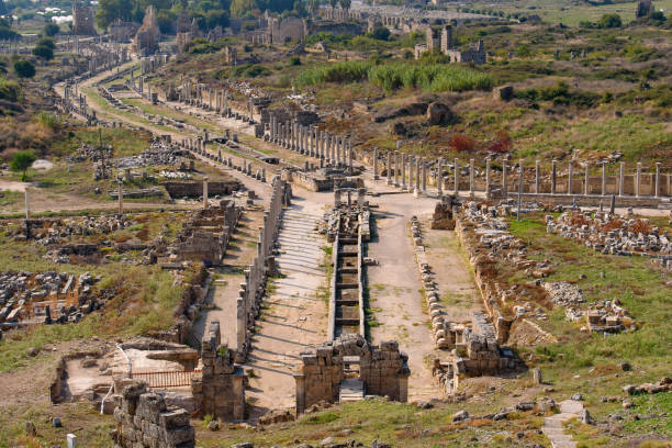 Overview of Perge, an ancient Greek city in Antalya, Turkey stock photo