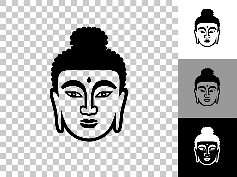 Buddha Face Icon on Checkerboard Transparent Background. This 100% royalty free vector illustration is featuring the icon on a checkerboard pattern transparent background. There are 3 additional color variations on the right..
