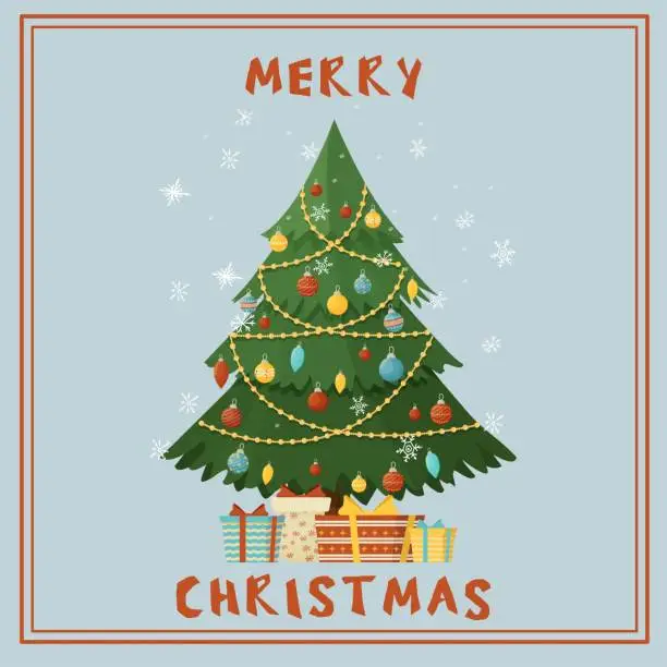 Vector illustration of Decorated Christmas tree with presents, in vintage, retro atmosphere greeting card with text merry Christmas