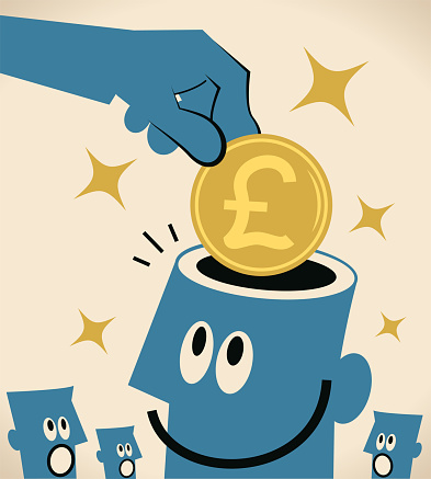 Blue Little Guy Characters Vector Art Illustration.
One hand putting pound sign british currency into the smiling businessman's open head; to earn a living from the knowledge you already have; Pick your brain.
