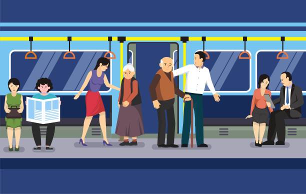 老いの乗客を助ける若い男女と地下鉄輸送中の高齢者のケア - pedestrian senior adult street crossing点のイラスト素材／クリップアート素材／マンガ素材／アイコン素材